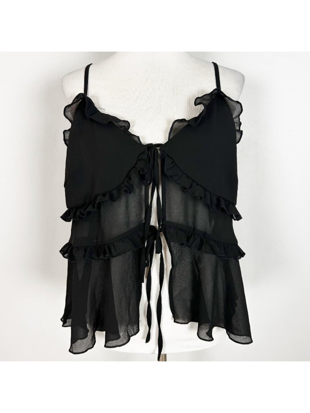 Women's Black Semi-sheer Cami Tank Top Flowy Ruffles Swing Size 1XL